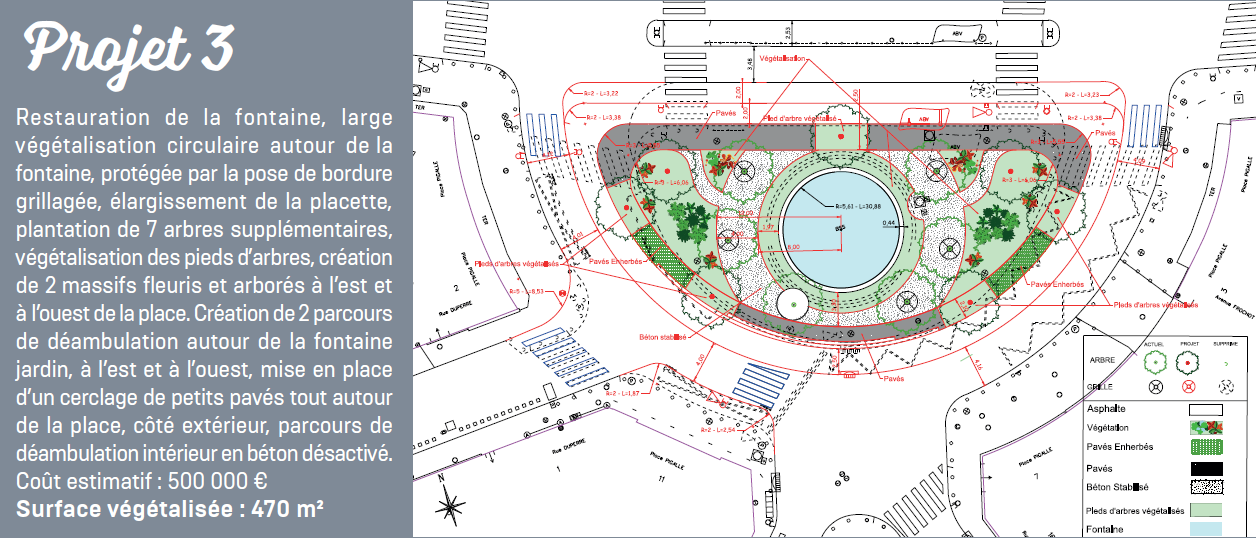 Plan du projet n°3, de l'aménagement de la place Pigalle, choisi par les Parisiens