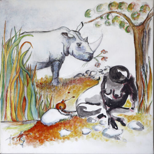 Travail d'illustration représentant un rhinocéros et une jeune femme assise près d'un arbre