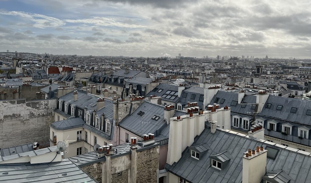 Vue des toits de Paris sous un ciel de nuages gris