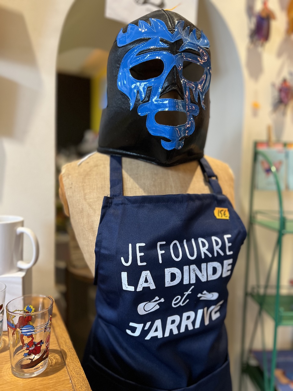 Tablier bleu "je fourre la dinde et j'arrive"